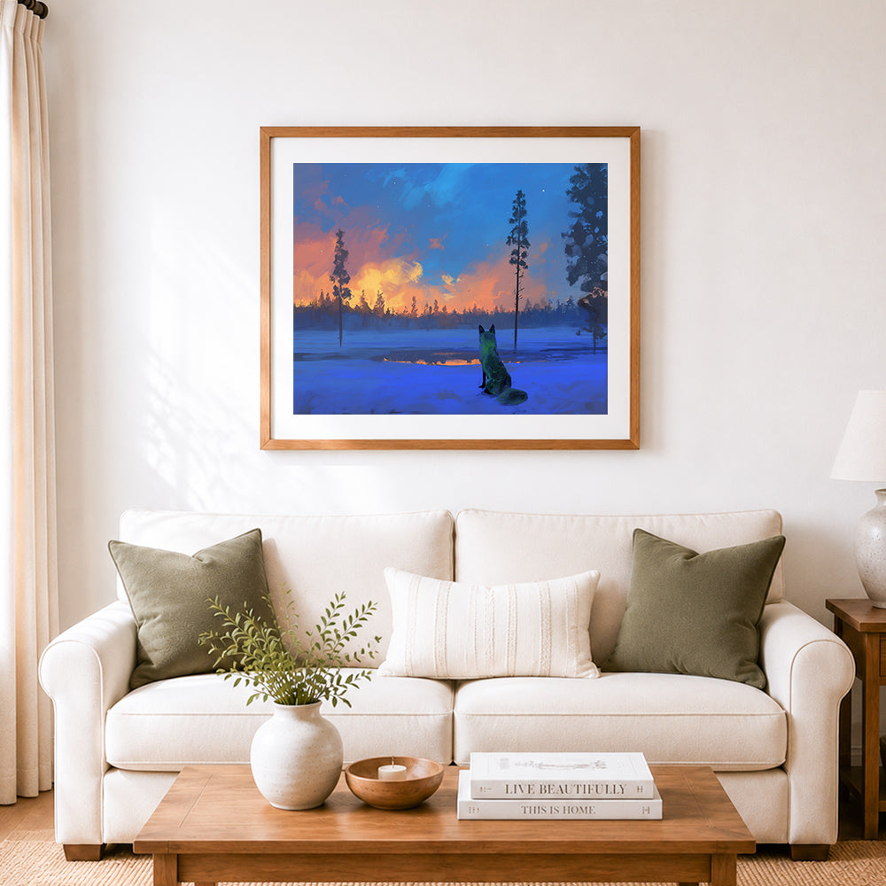 Finished winter fox at twilight cross stitch artwork displayed as home decor