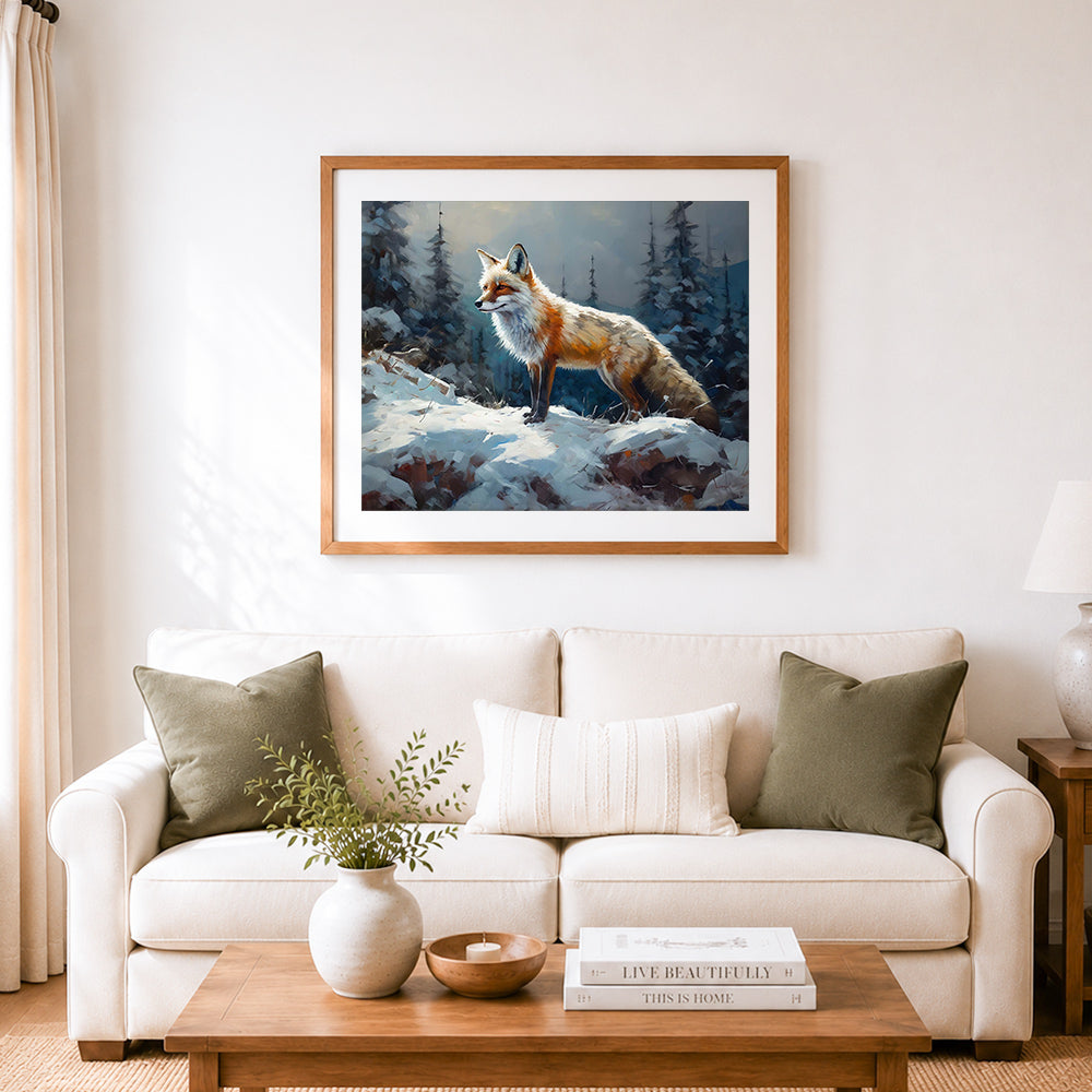 Finished winter fox on rocky slope cross stitch artwork displayed as home decor