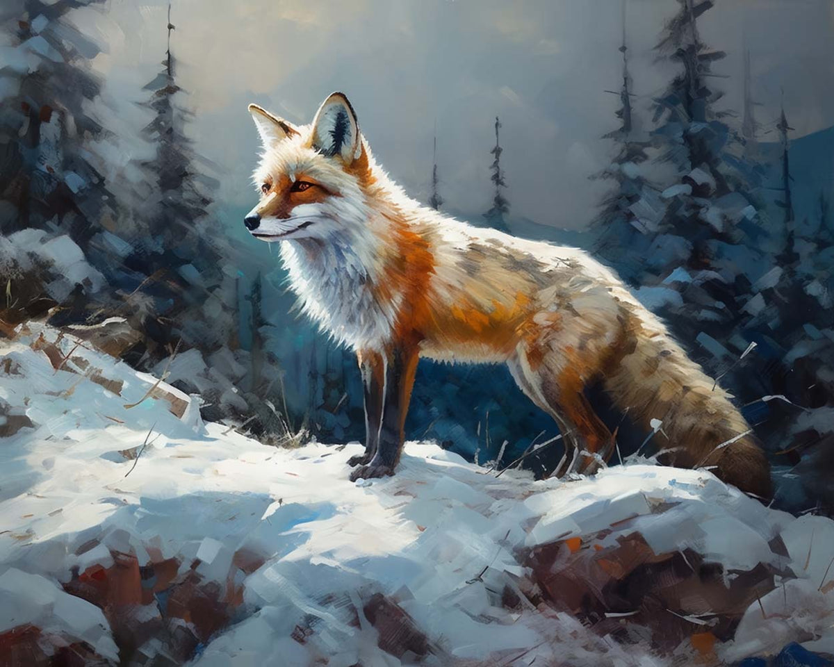 Winter fox on rocky slope cross stitch kit for beginners