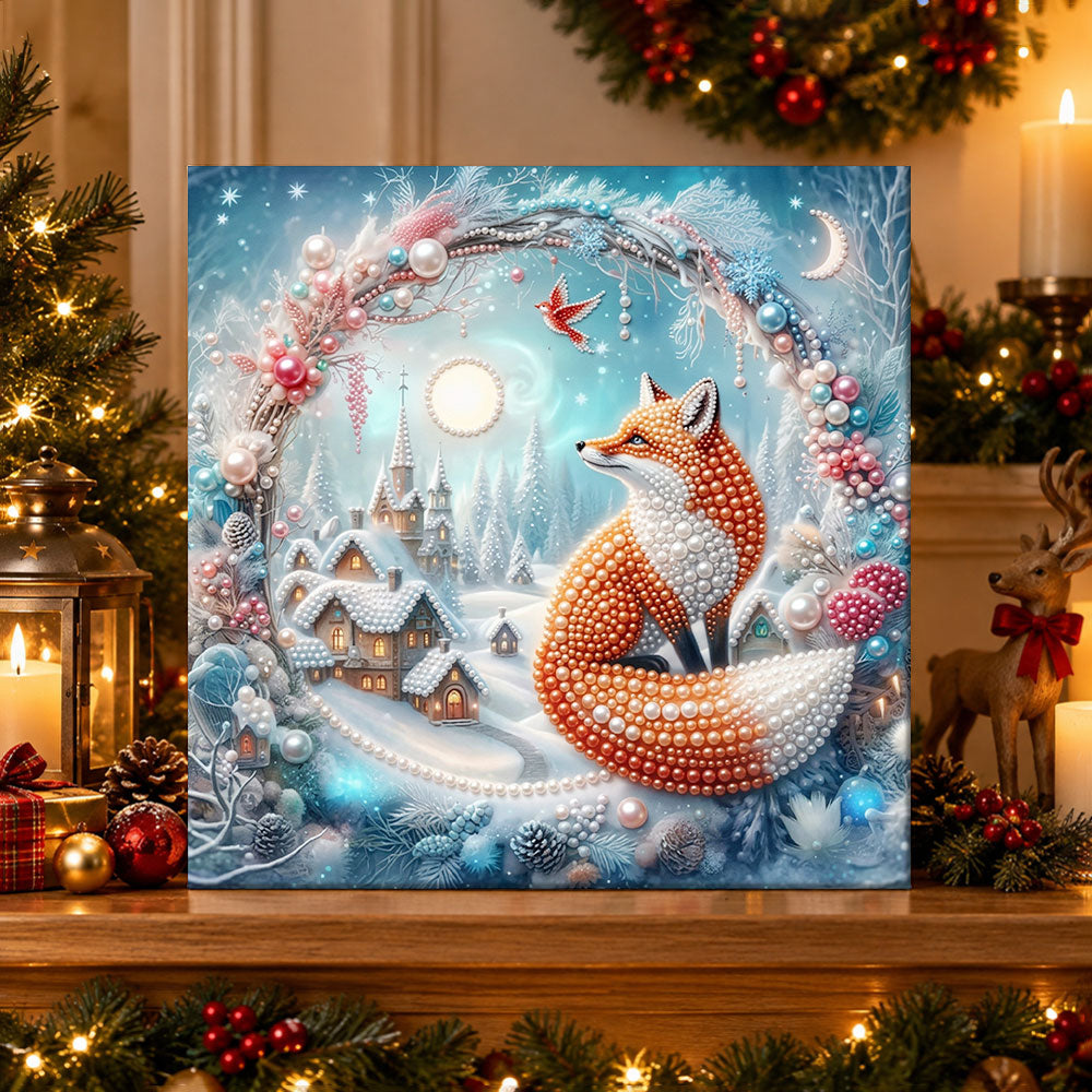 Finished winter fox snow village pearl diamond painting artwork displayed as holiday home decor