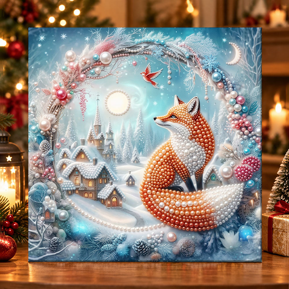 Winter fox snow village pearl diamond painting kit for beginners
