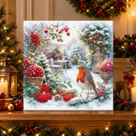 Finished winter garden robin bird pearl diamond painting artwork displayed as holiday home decor