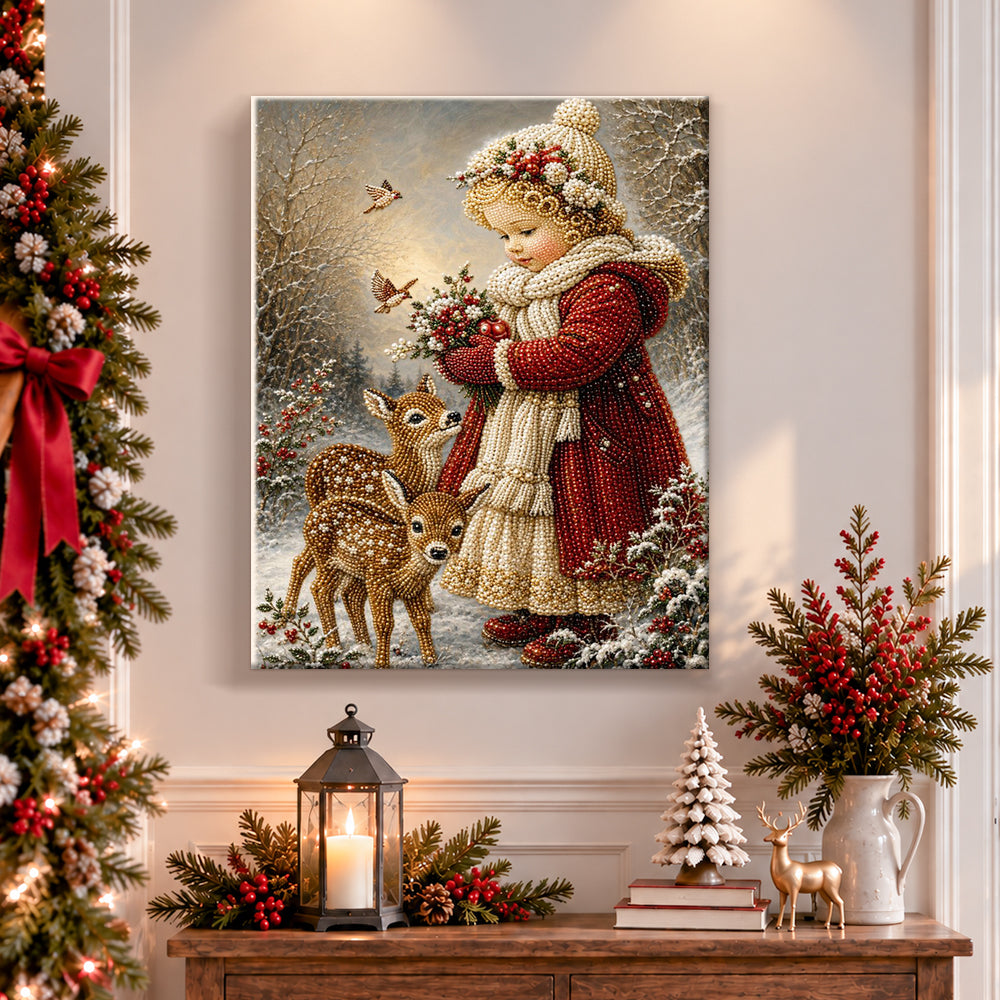 Finished winter girl with little deer pearl diamond painting artwork displayed as holiday home decor