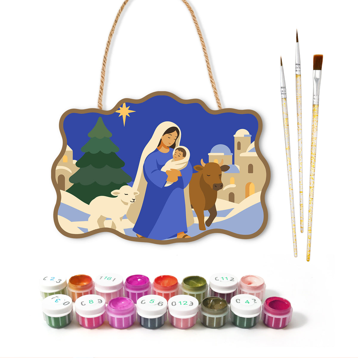 Winter holy mother paint by numbers door hanger with paints and brushes
