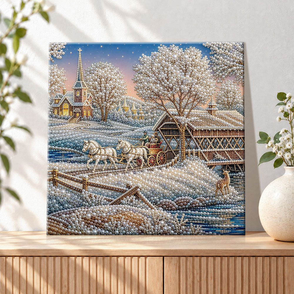Finished winter horse‑drawn sleigh ride pearl diamond painting artwork displayed as holiday home decor