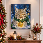 Finished winter lynx with christmas bauble pearl diamond painting artwork displayed as holiday home decor