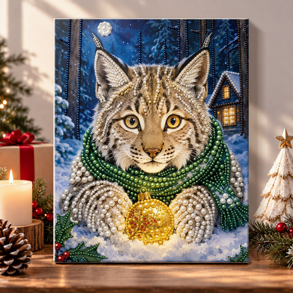 Winter lynx with christmas bauble pearl diamond painting kit for beginners