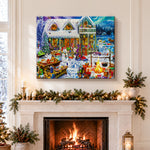 Finished winter mountain cabin pearl diamond painting artwork displayed as holiday home decor