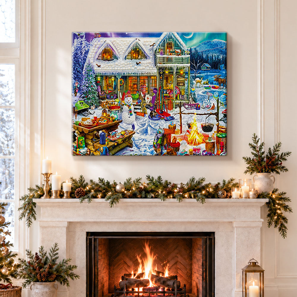 Finished winter mountain cabin pearl diamond painting artwork displayed as holiday home decor