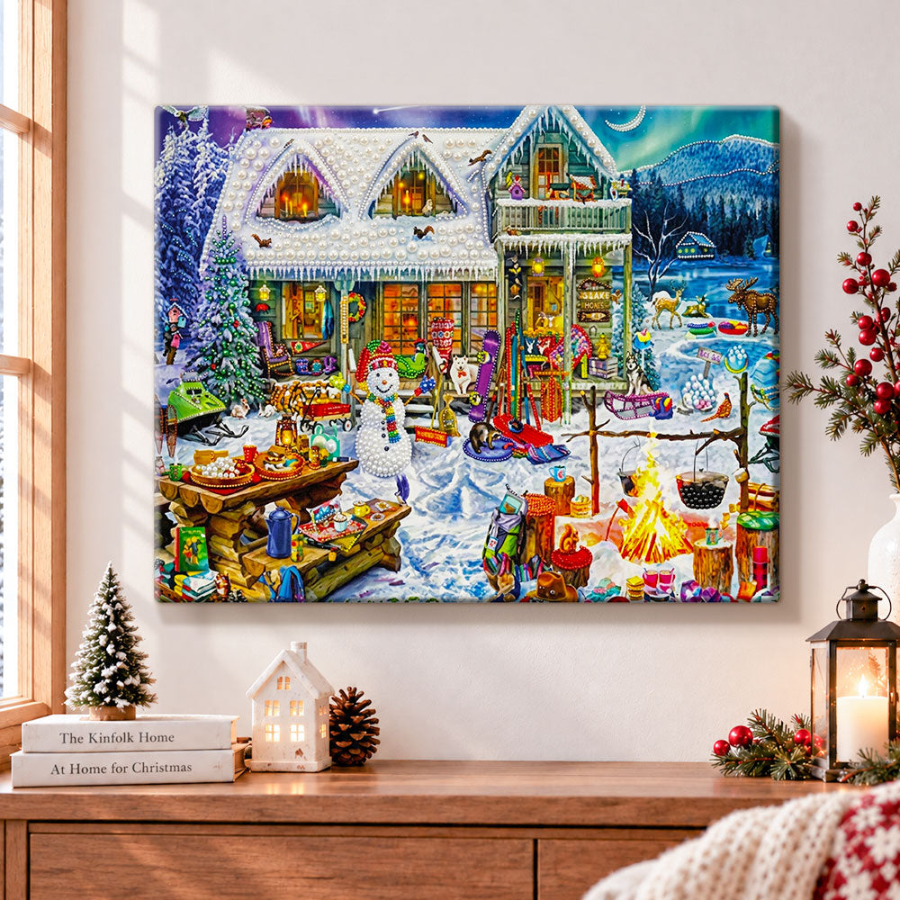 Winter mountain cabin pearl diamond painting kit for beginners