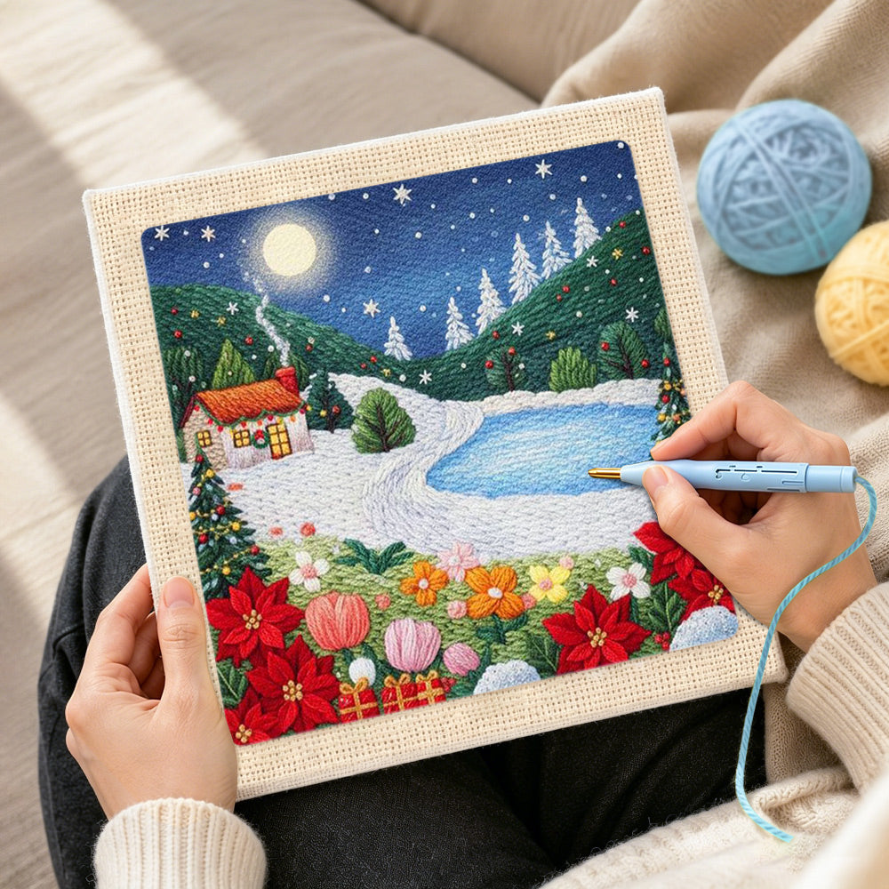 Creating handmade winter mountain landscape punch needle artwork