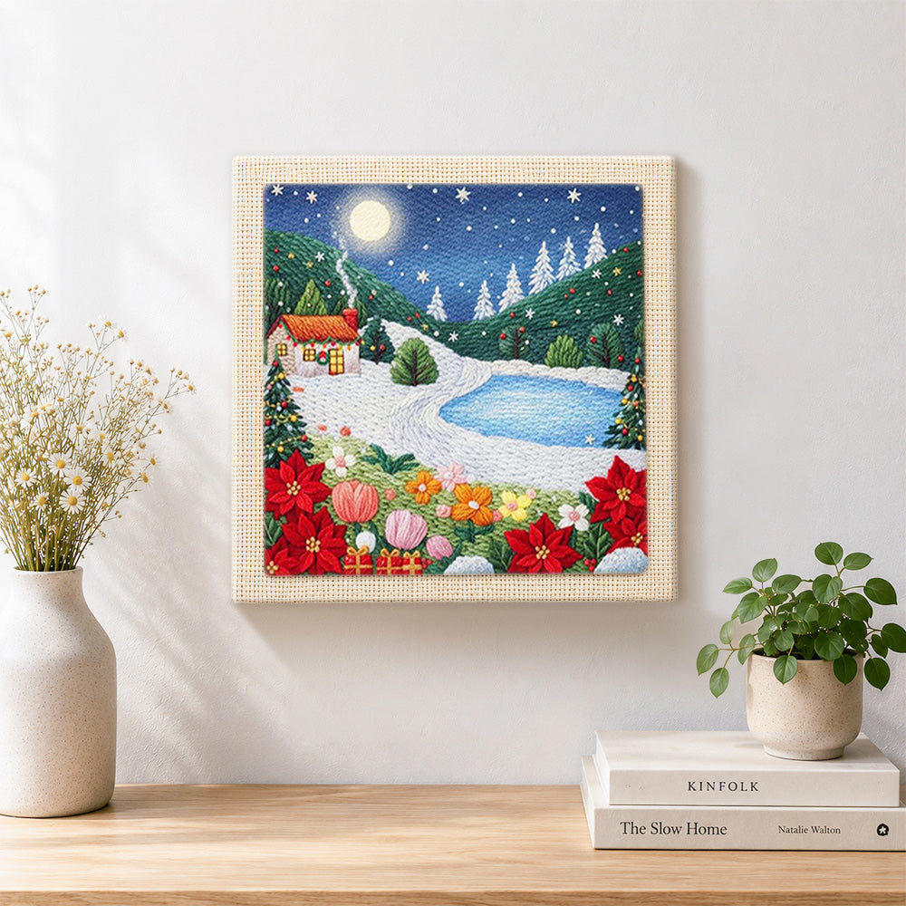 Finished winter mountain landscape artwork displayed on a wall