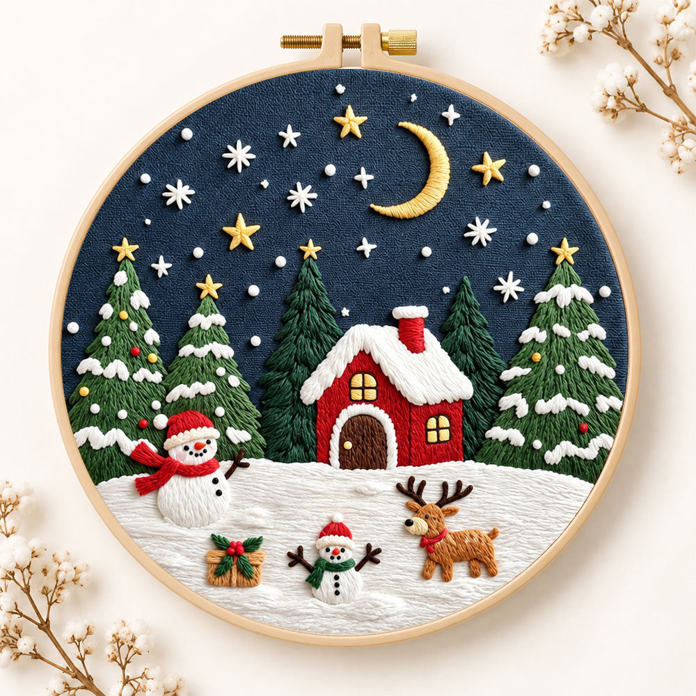Winter night christmas scene embroidery kit