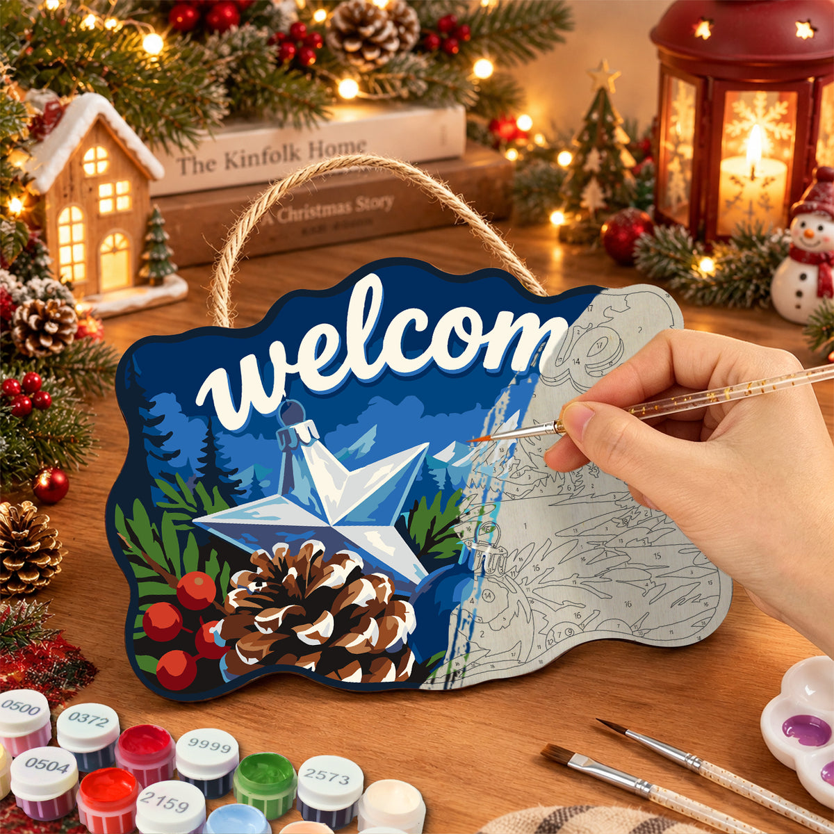 Winter pinecone star welcome paint by numbers door hanger painting process