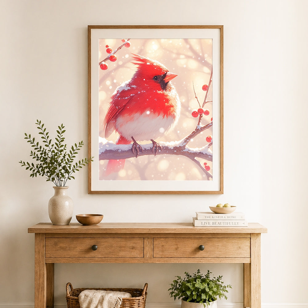 Finished winter red bird on snowy branch cross stitch artwork displayed as home decor