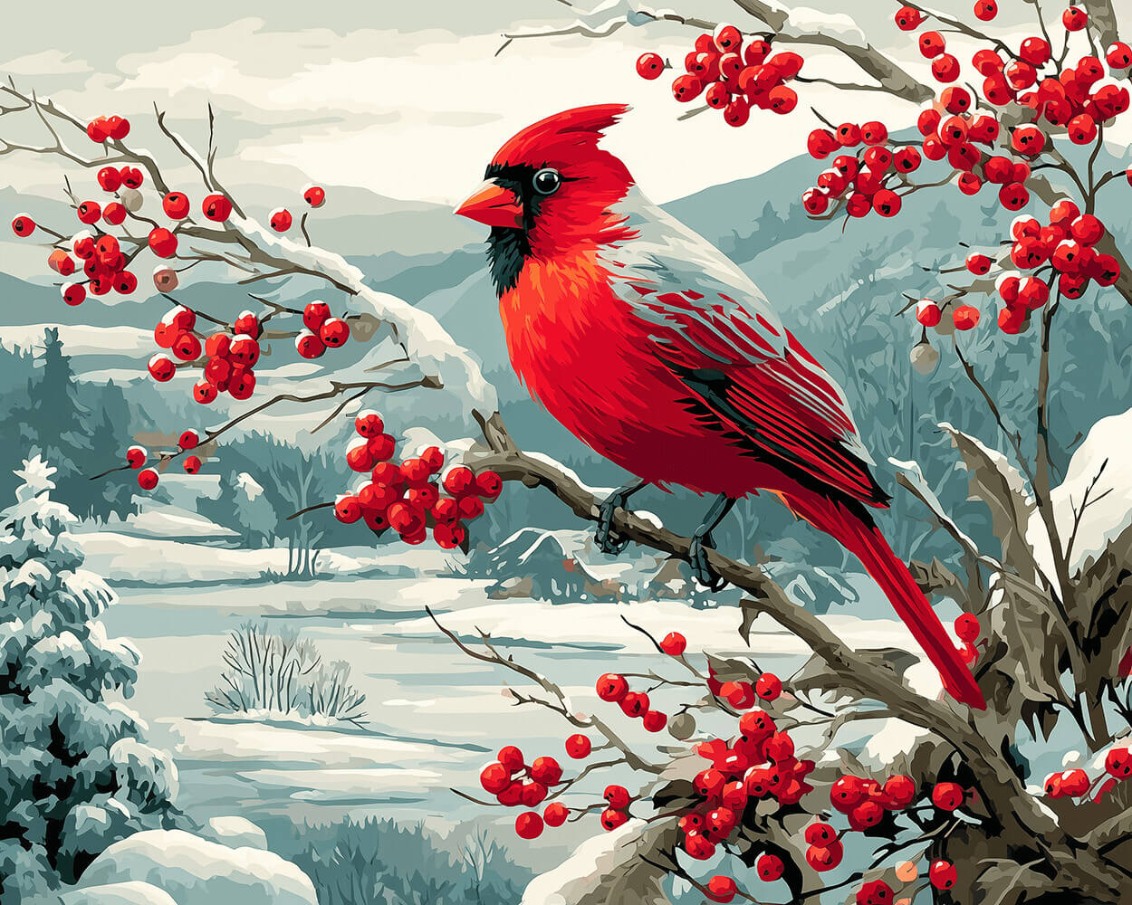 Winter red cardinal on snowy berry branch cross stitch kit for beginners