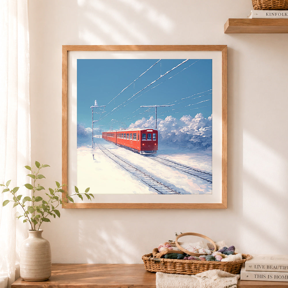 Finished winter red train cross stitch artwork displayed as home decor