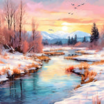 Winter river sunset with flying birds cross stitch kit for beginners