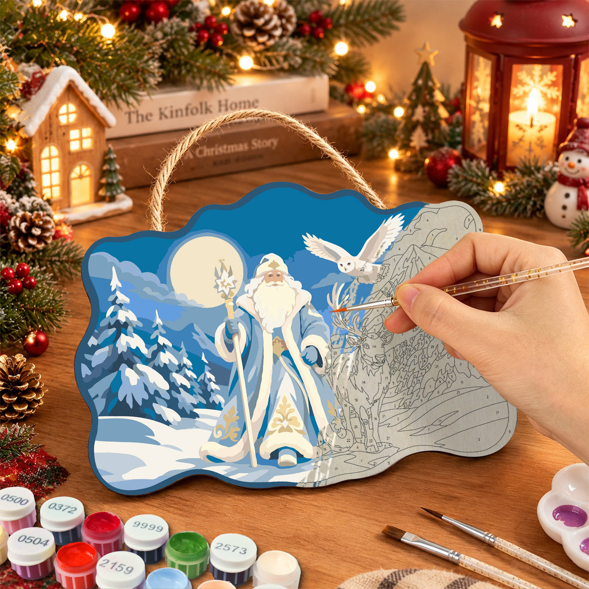 Winter santa wonderland paint by numbers door hanger painting process