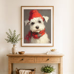 Finished winter schnauzer portrait cross stitch artwork displayed as home decor