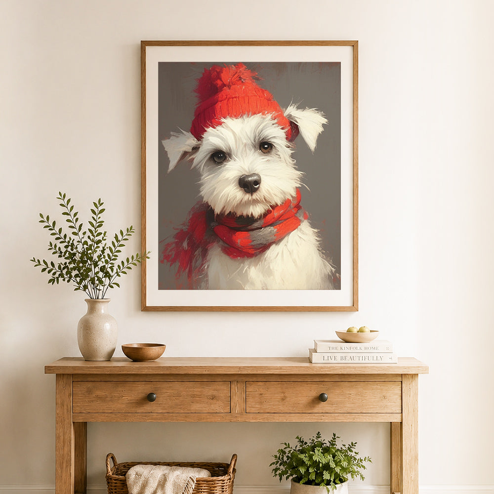 Finished winter schnauzer portrait cross stitch artwork displayed as home decor