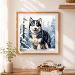 Finished winter snow husky cross stitch artwork displayed as home decor
