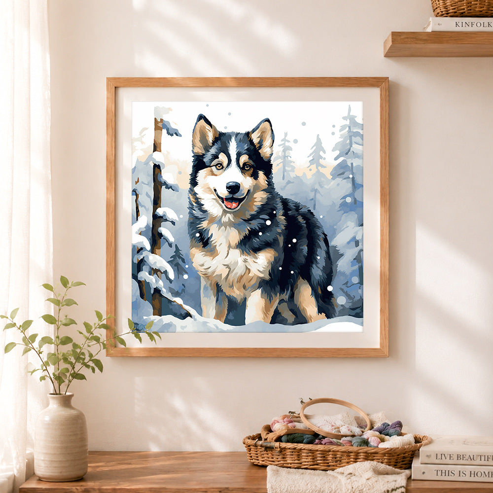 Finished winter snow husky cross stitch artwork displayed as home decor
