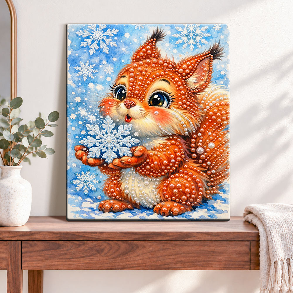 Finished winter snowflake squirrel pearl diamond painting artwork displayed as home decor