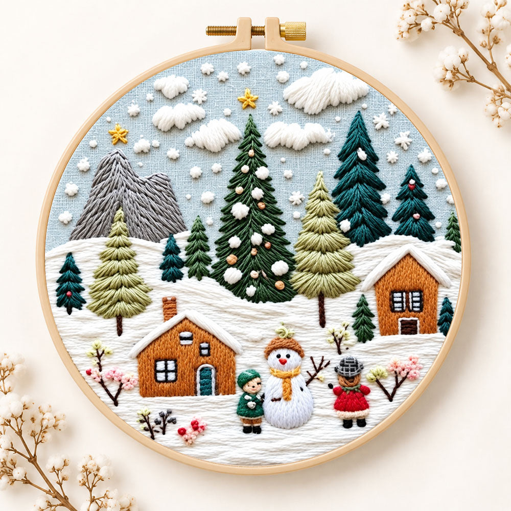Winter snowy village embroidery kit
