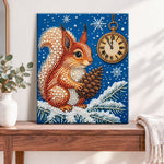 Finished winter squirrel clock pearl diamond painting artwork displayed as home decor