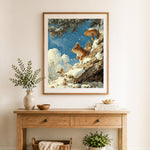 Finished winter squirrel scene cross stitch artwork displayed as home decor
