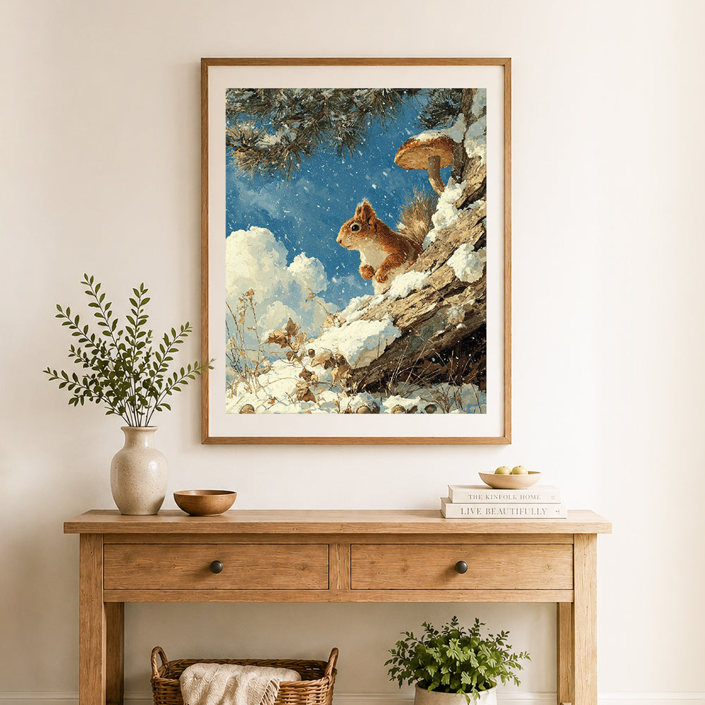 Finished winter squirrel scene cross stitch artwork displayed as home decor