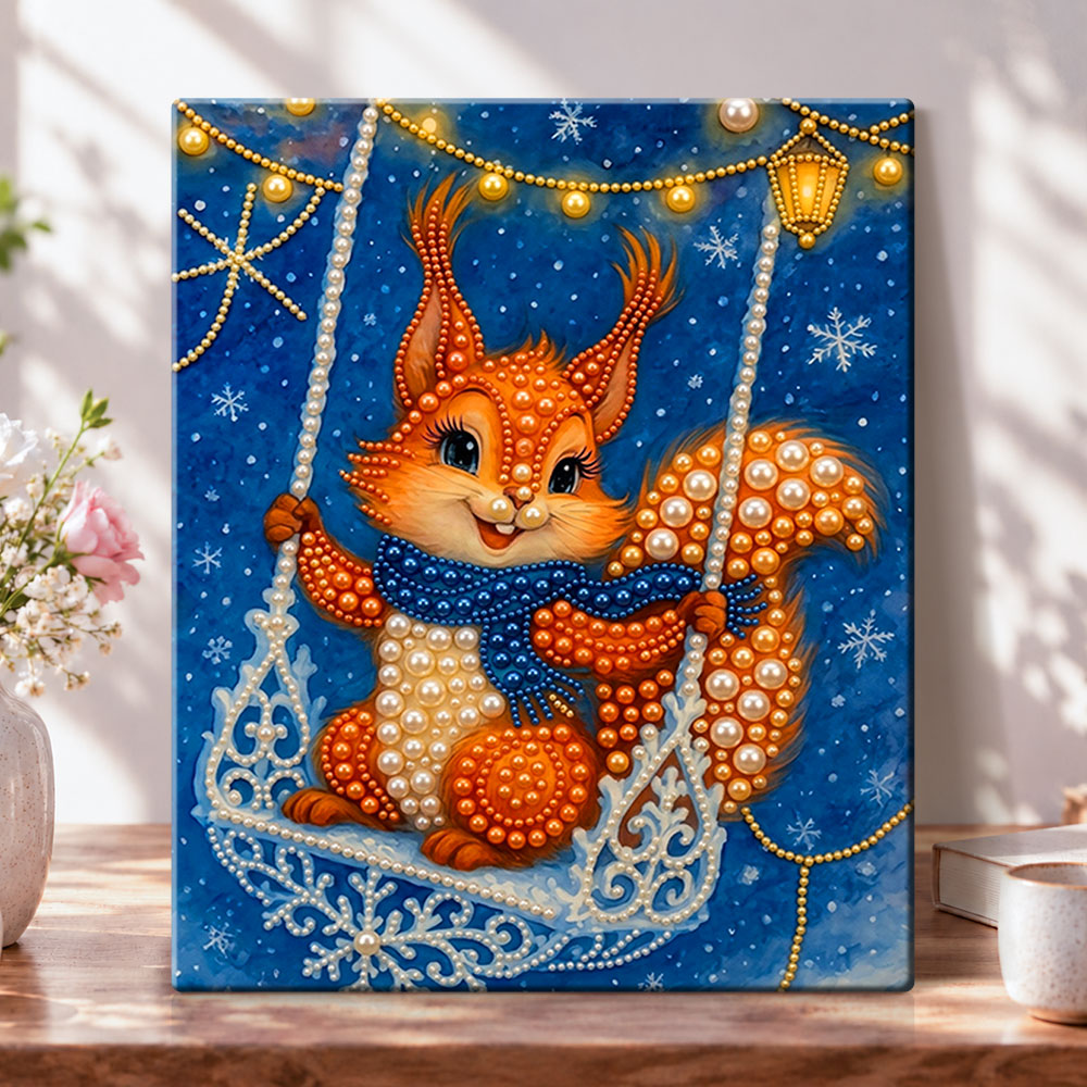 Winter squirrel swing pearl diamond painting kit for beginners