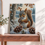 Finished winter squirrel with pinecones pearl diamond painting artwork displayed as home decor