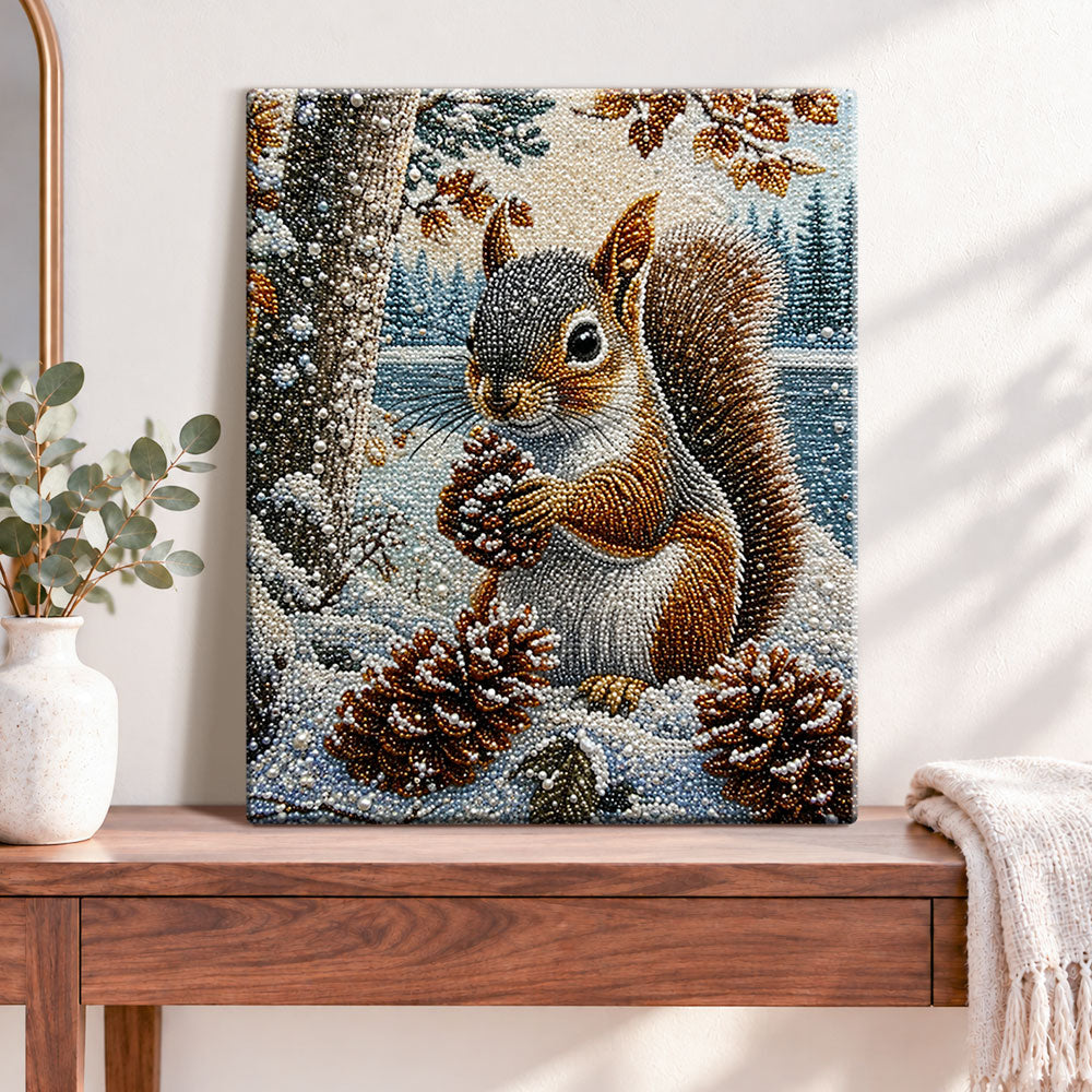 Finished winter squirrel with pinecones pearl diamond painting artwork displayed as home decor