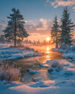 Winter sunrise over snowy river with pine trees cross stitch kit for beginners
