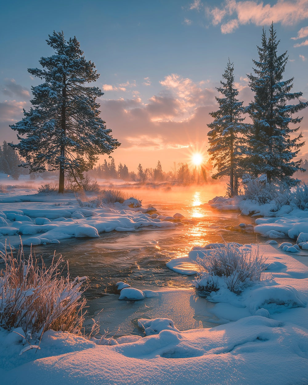 Winter sunrise over snowy river with pine trees cross stitch kit for beginners