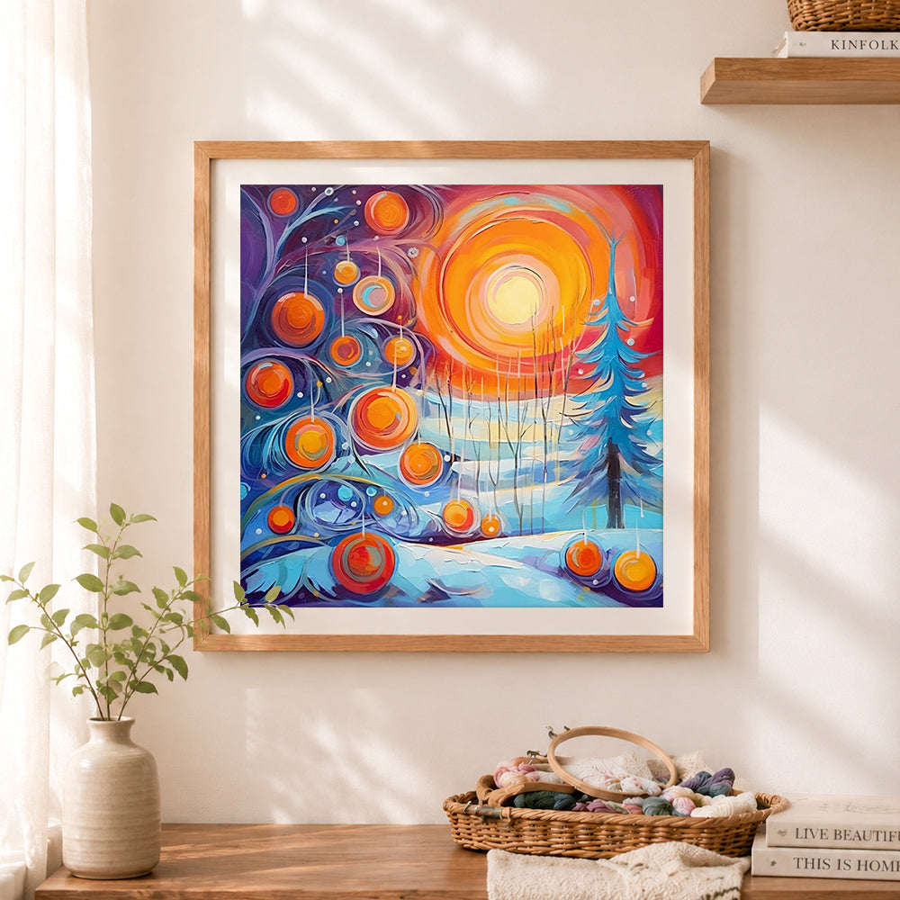 Finished winter sunset painting cross stitch artwork displayed as home decor