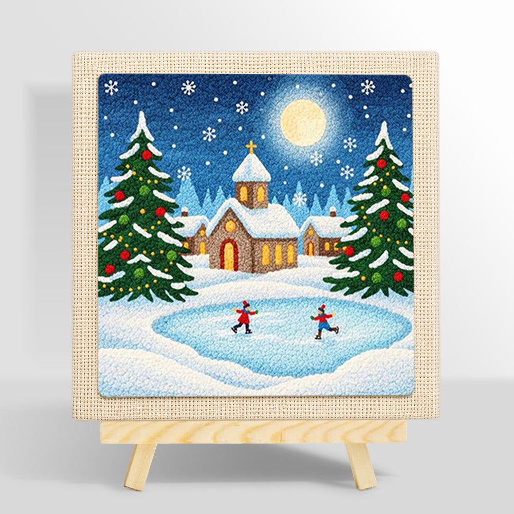 Winter village ice skating punch needle kit for beginners