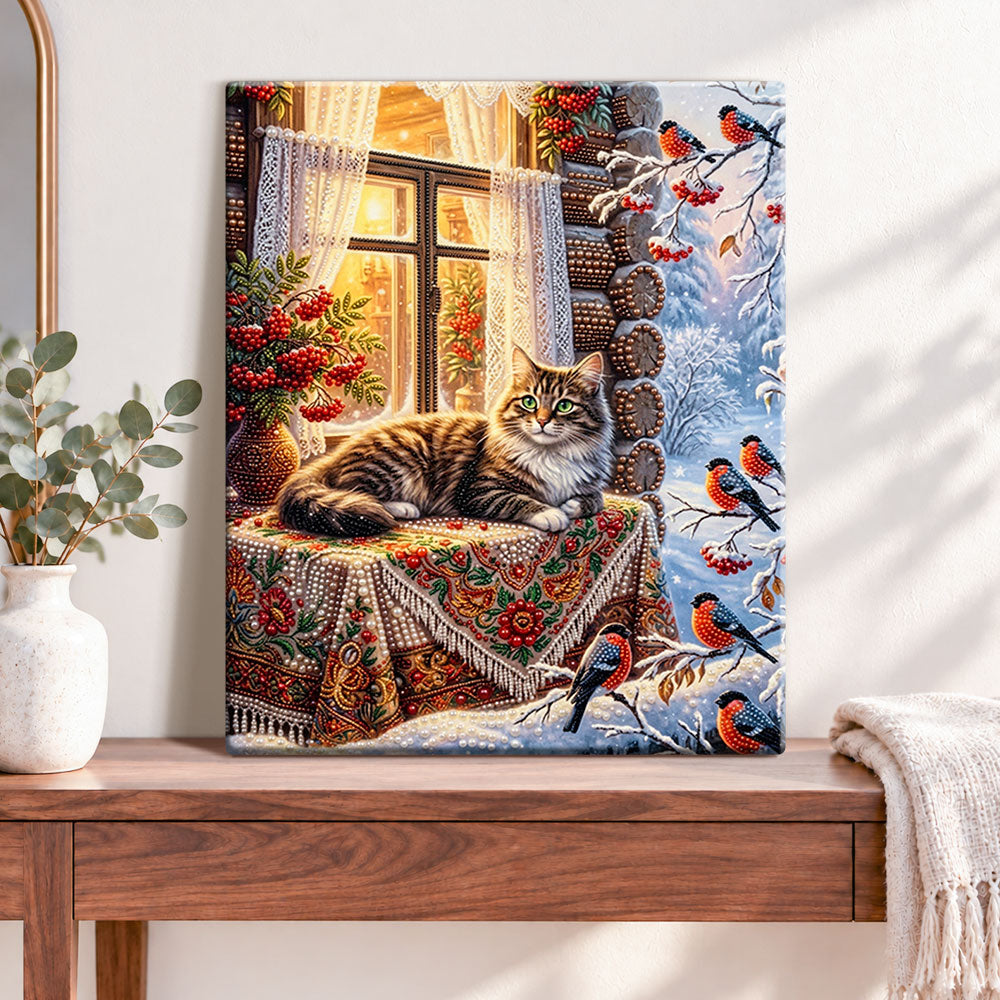 Finished winter window comfort pearl diamond painting artwork displayed as home decor