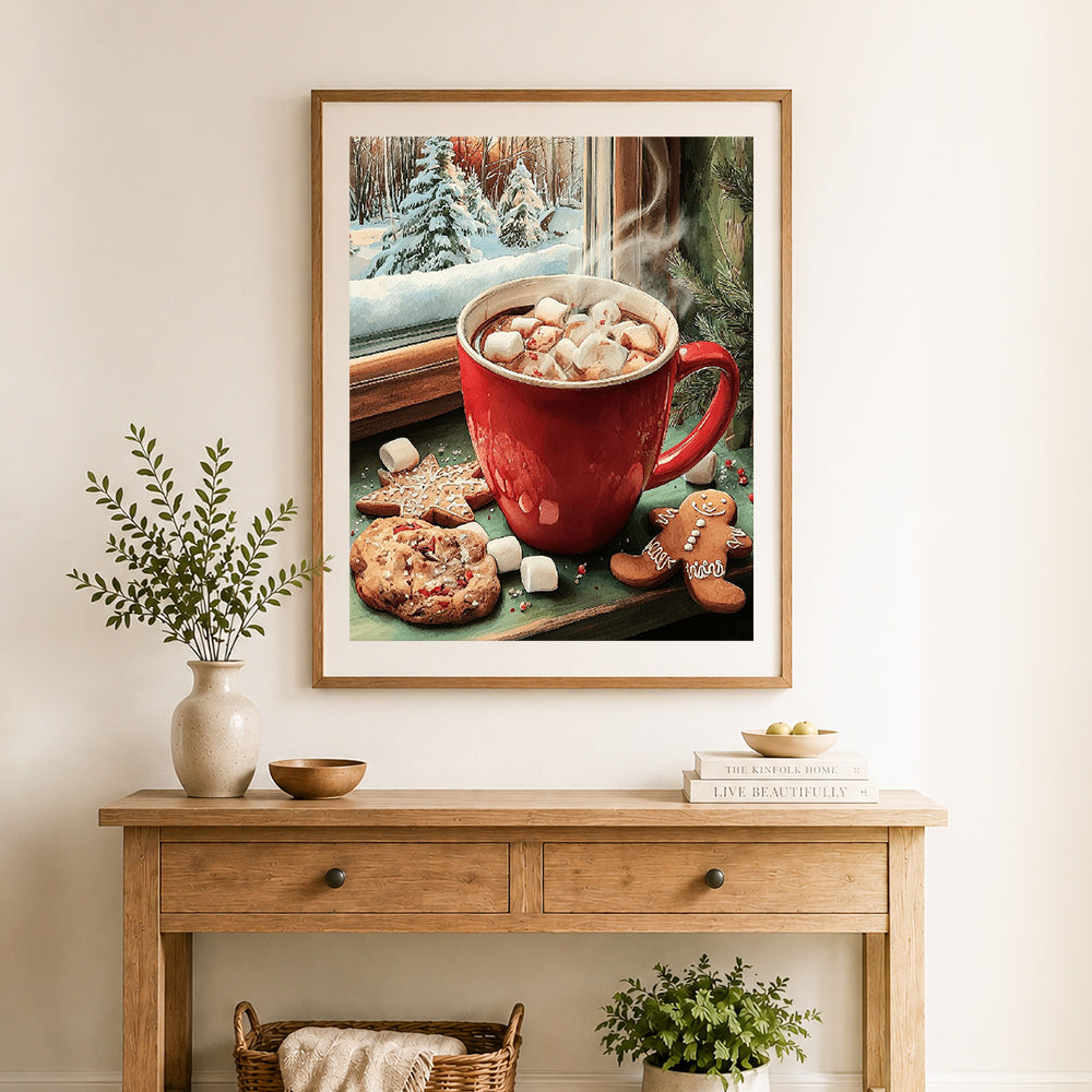 Finished winter window hot chocolate cross stitch artwork displayed as home decor