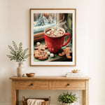 Finished winter window hot chocolate cross stitch artwork displayed as home decor