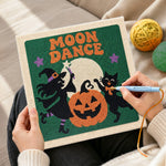 Creating handmade witch and black cat moon dance punch needle artwork