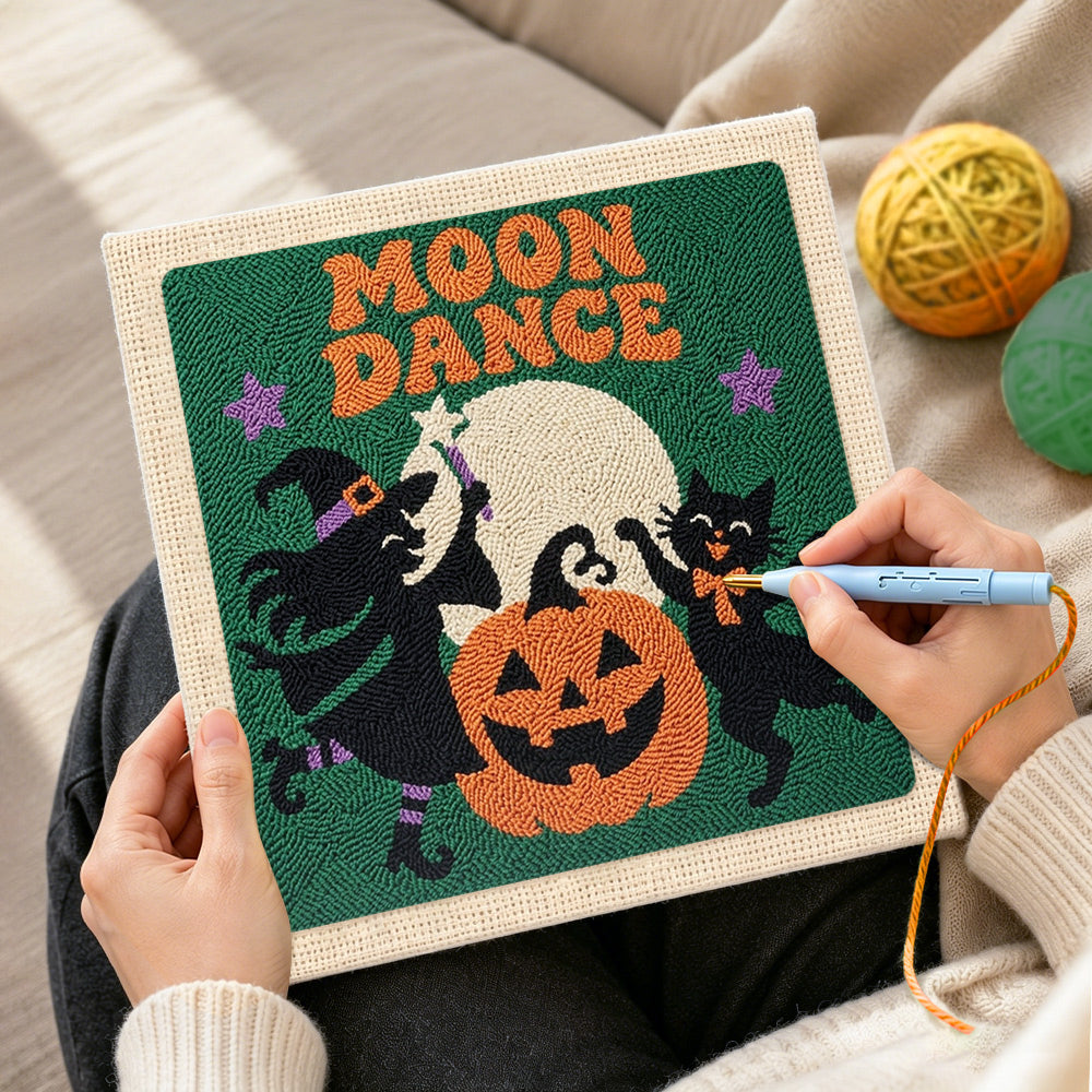 Creating handmade witch and black cat moon dance punch needle artwork