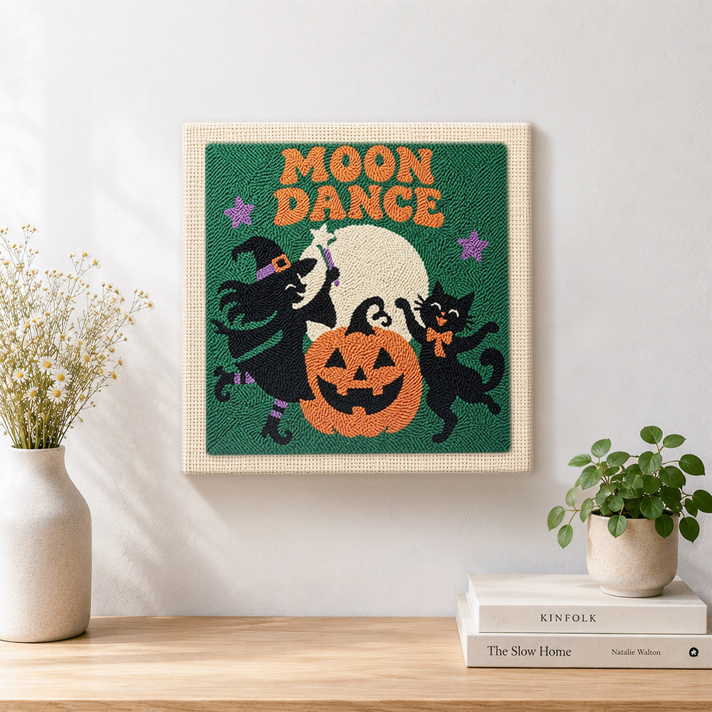 Finished witch and black cat moon dance artwork displayed on a wall