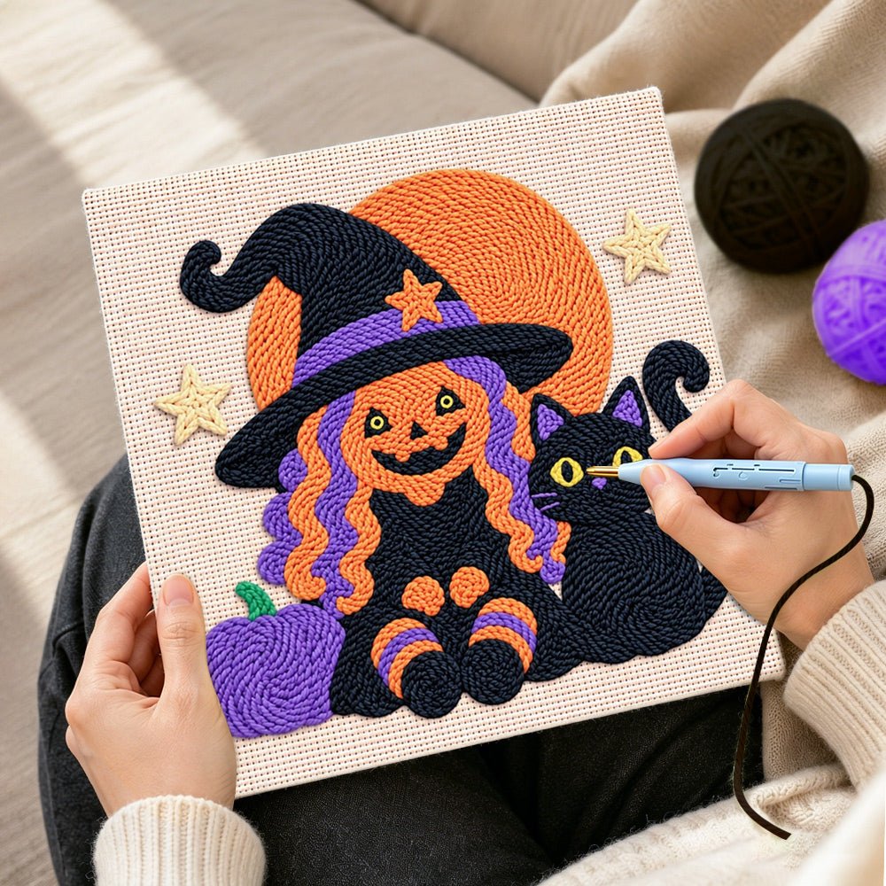 Creating handmade witch and black cat punch needle artwork