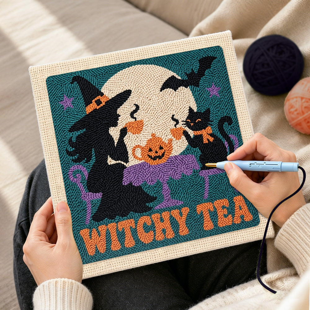 Creating handmade witch and cat having tea punch needle artwork