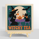Witch and cat having tea punch needle kit for beginners