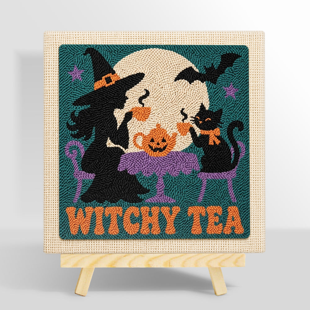 Witch and cat having tea punch needle kit for beginners