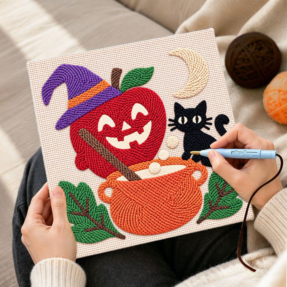 Creating handmade witch apple cauldron punch needle artwork
